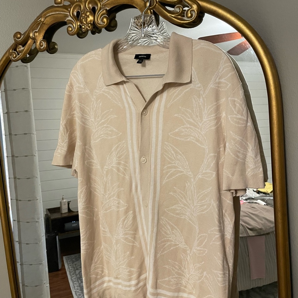 Express Beige Patterned Dress Shirt